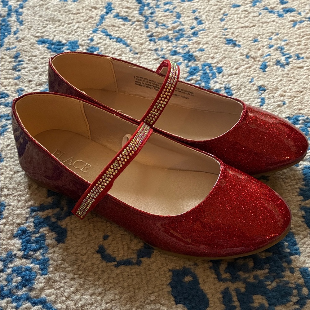 The Children's Place Red Glitter Mary Jane Flats with Rhinestone Strap